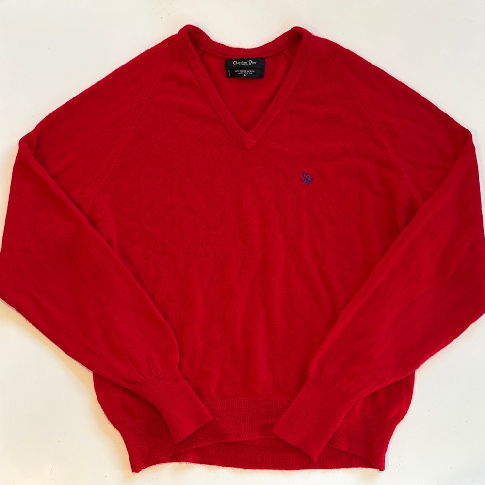 Vintage Christian Dior Monsieur Acrylic Red Vneck Sweater Sz L